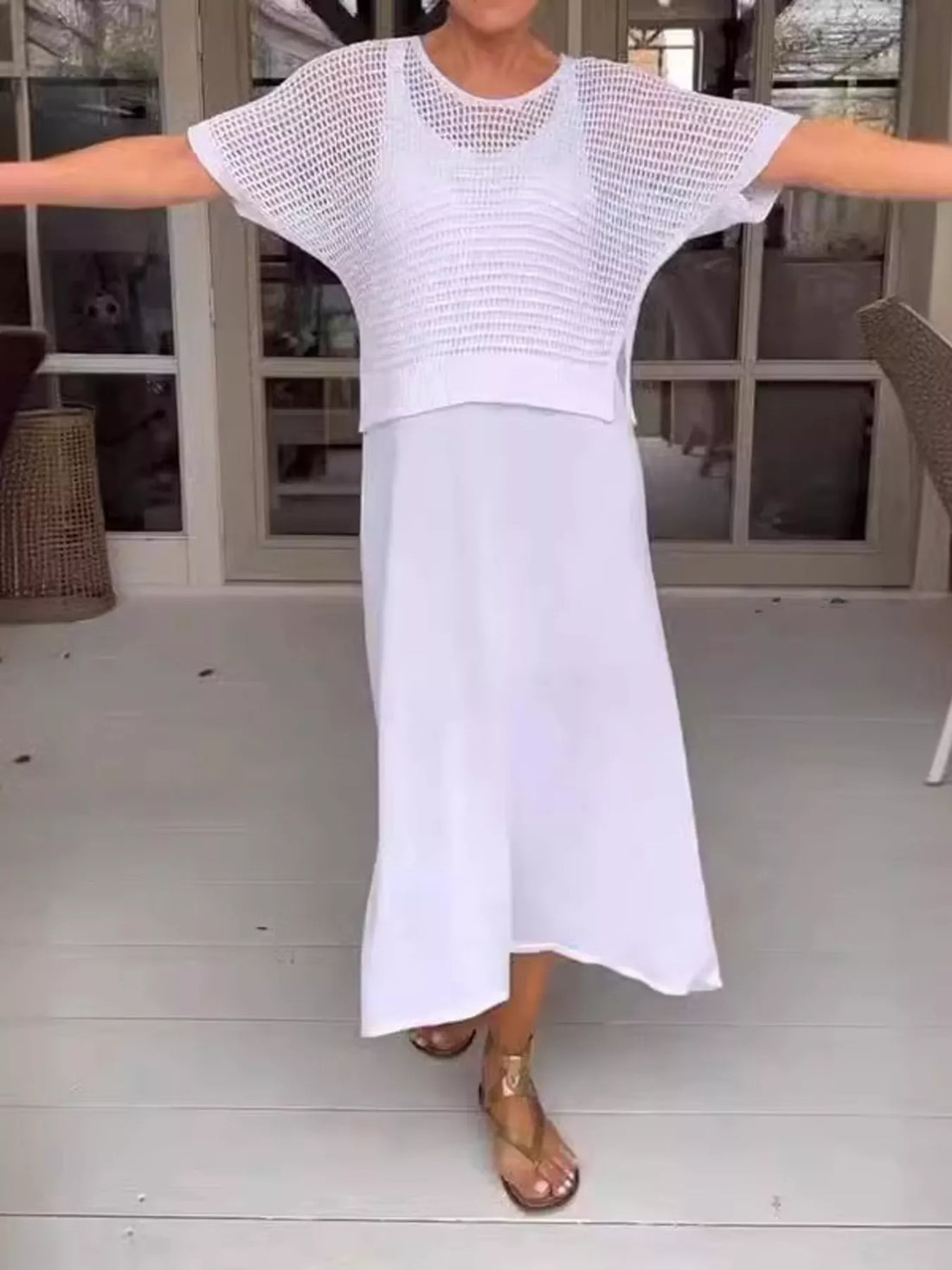 Full Size Openwork Knit Cover Up and Dress Set Plus Size Two Piece Dresses