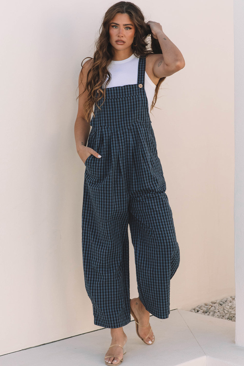 Sail Blue Plaid Print Buttoned Pocketed High Waist Overall Bottoms/Jumpsuits & Rompers