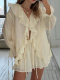 Ruffled Long Sleeve Shirt and Shorts Set Two Piece Dresses