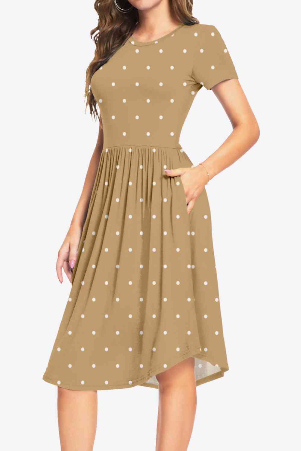Printed Round Neck Short Sleeve Dress with Pockets Dresses