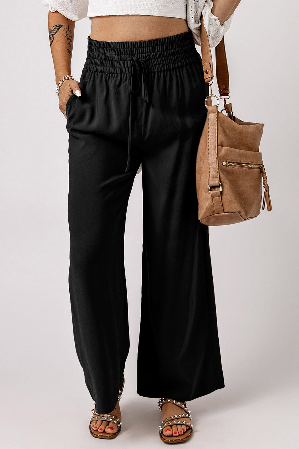 Brown Drawstring Elastic Waist Casual Wide Leg Pants Bottoms/Pants & Culotte