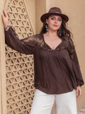 Plus Size Lace Detail Tie Neck Long Sleeve Blouse 