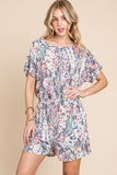BOMBOM Printed Short Sleeve Drawstring Romper 