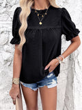 Devine Eyelet Mock Neck Flounce Sleeve Blouse 