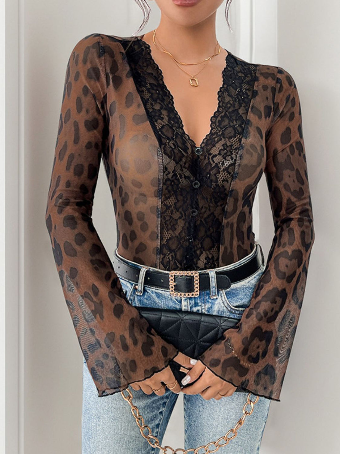 Perfee Leopard V-Neck Lace Bodysuit 