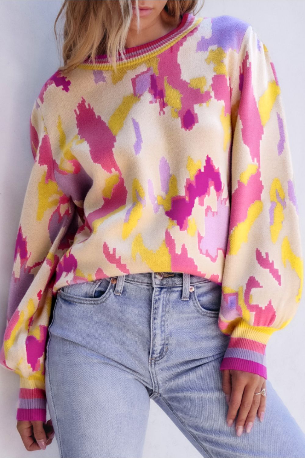 Contrast Round Neck Long Sleeve Sweater 
