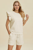 Double Take Full Size Texture Round Neck Ruffle Sleeve Top and Shorts Set 