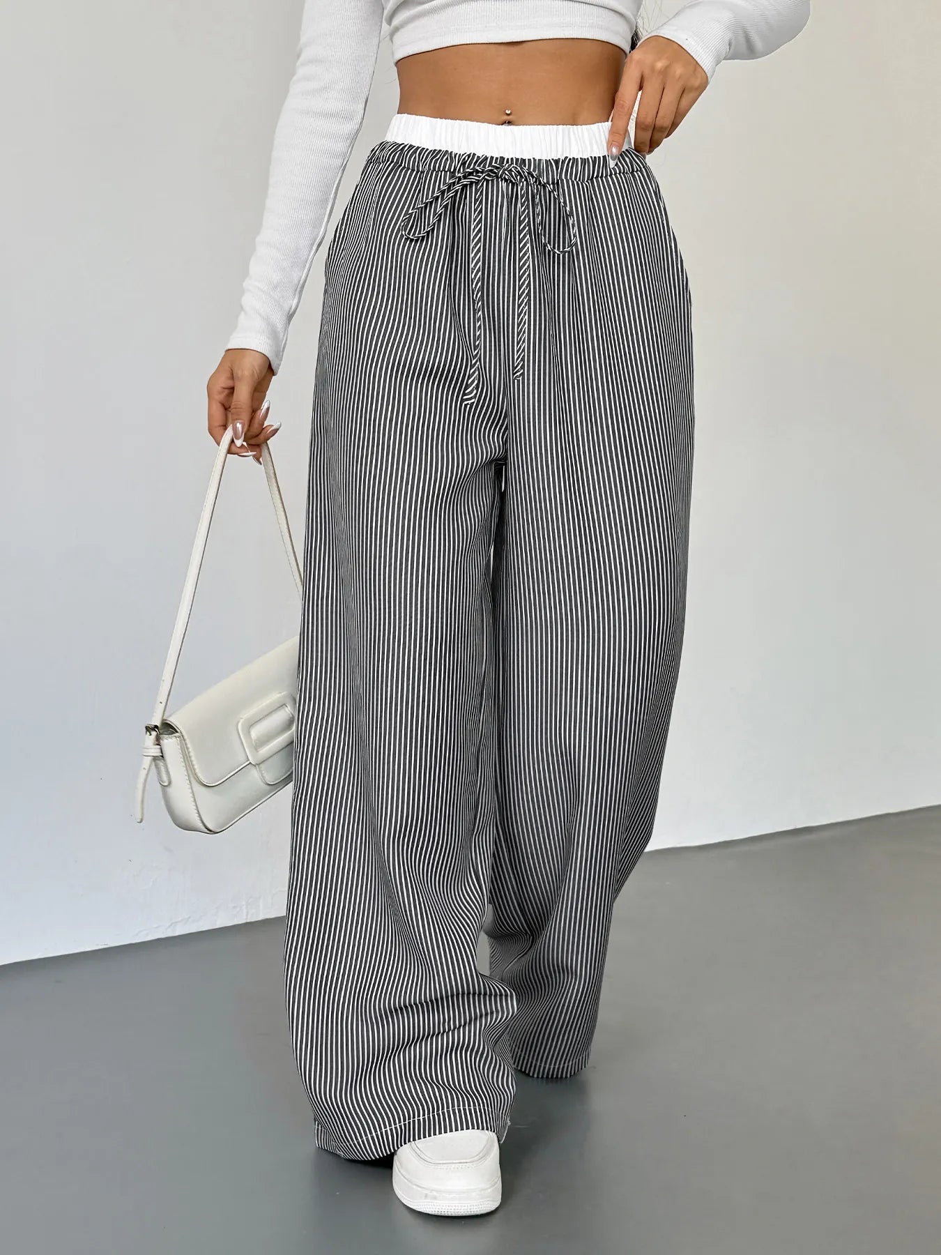 Striped Wide Leg Drawstring Pants 