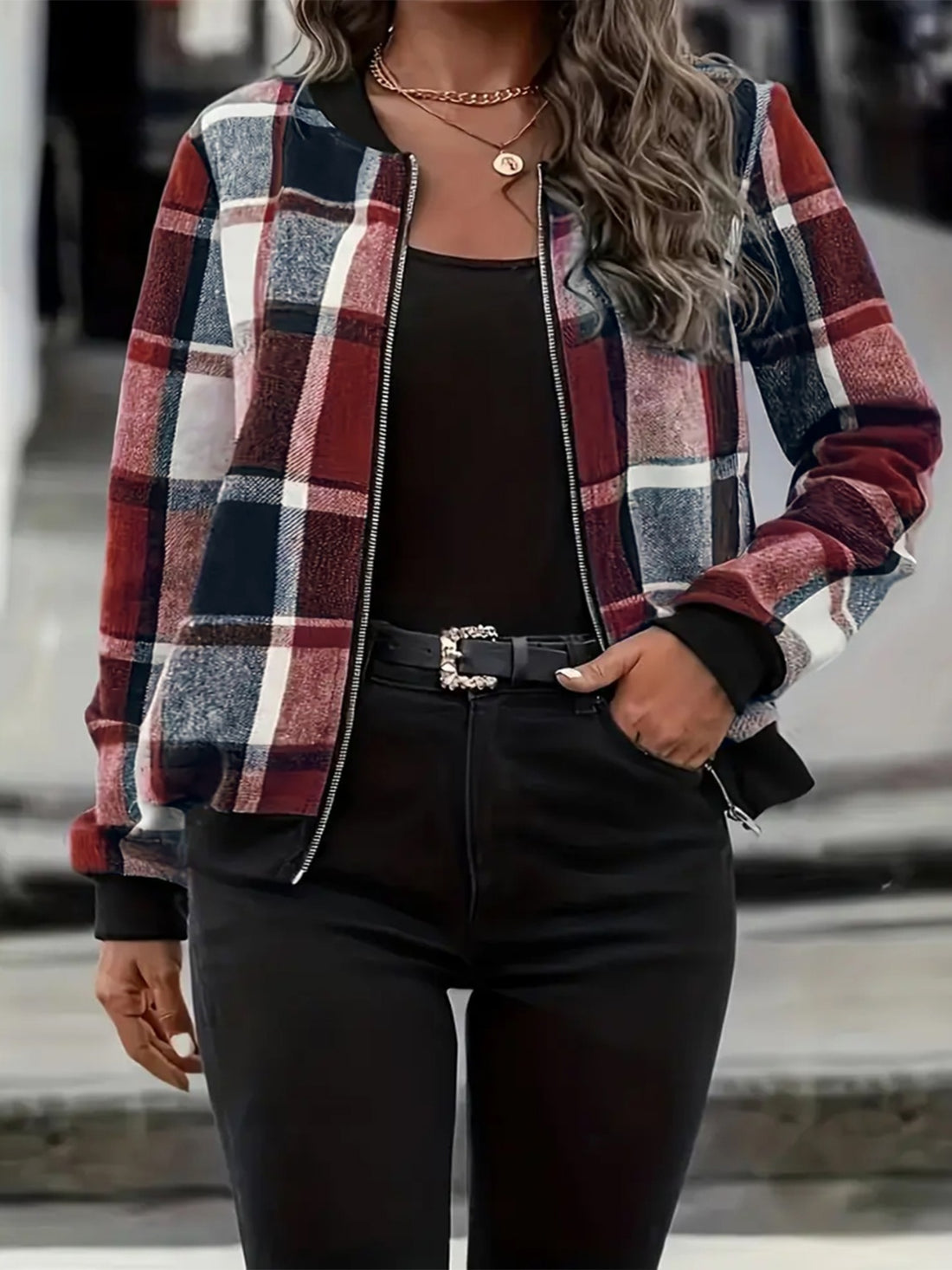 Plus Size Plaid Baseball Collar Zip Up Jacket 