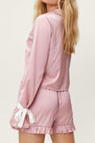 Basic Bae Tied Cuff Collared Neck Top and Frill Shorts Lounge Set 