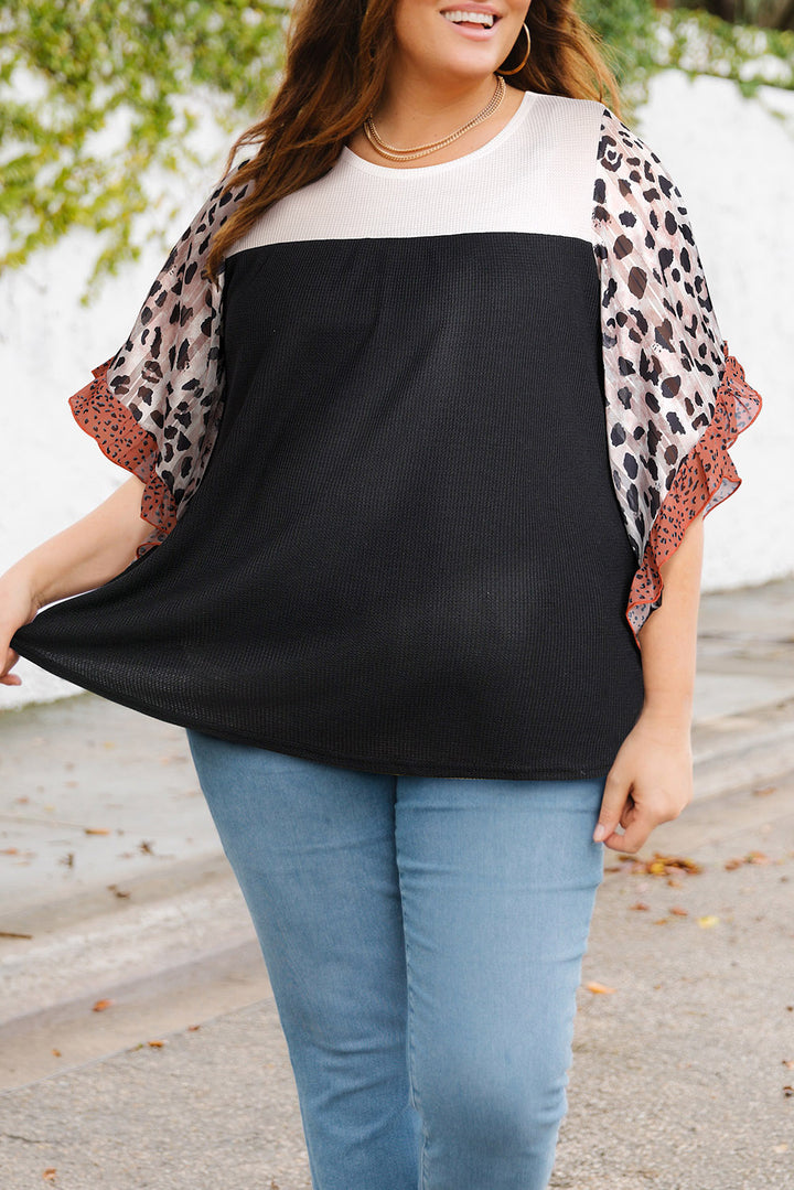 Plus Size Printed Color Block Ruffled Blouse 
