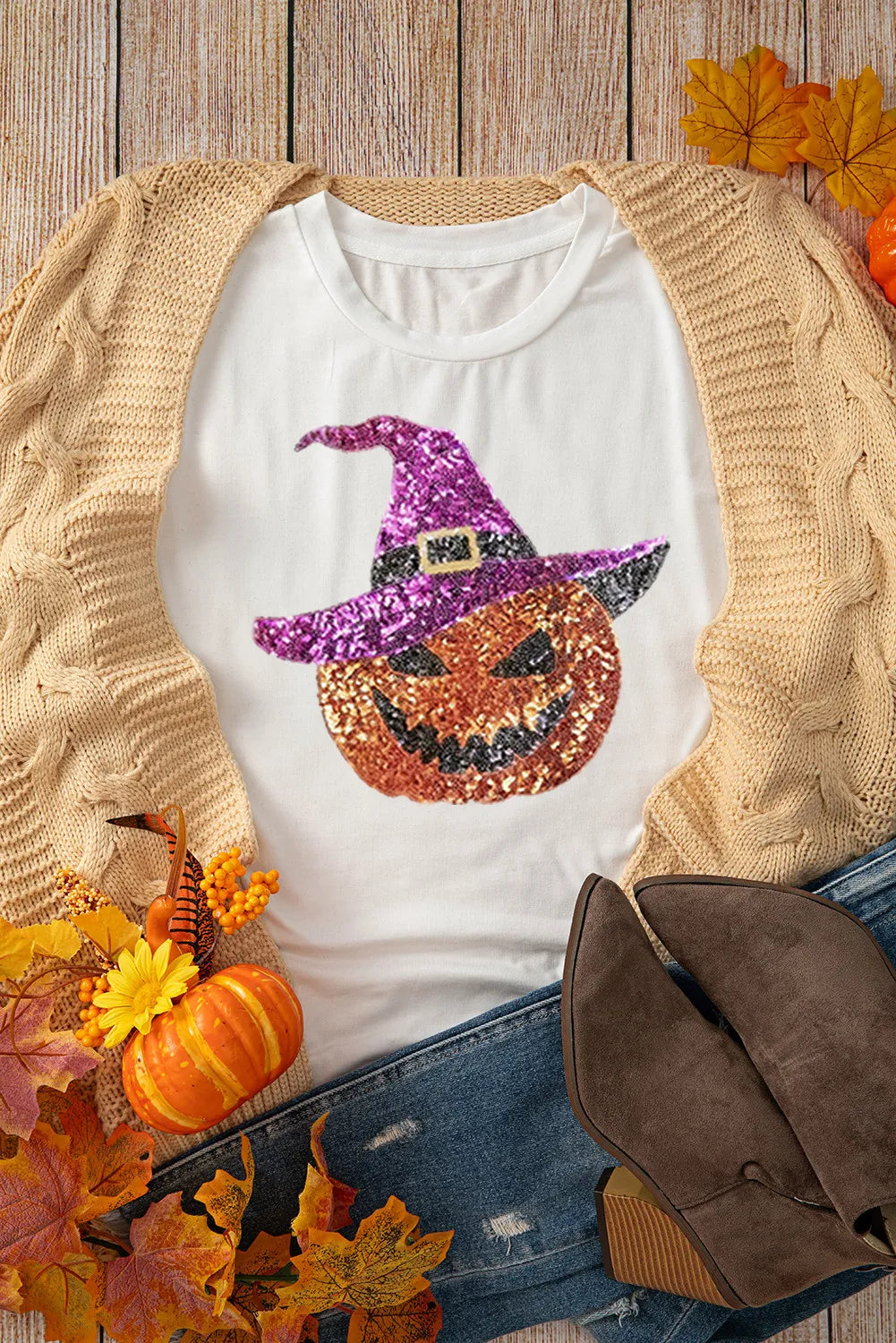 Sequin Pumpkin Round Neck Short Sleeve T-Shirt 