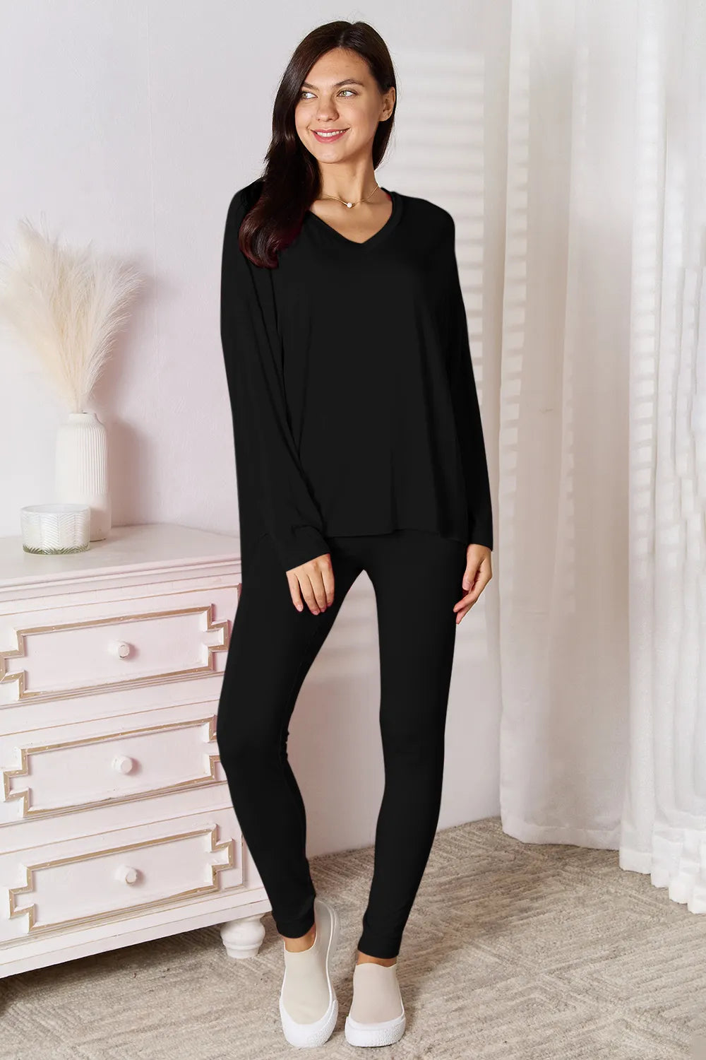 Basic Bae Bamboo Full Size V-Neck Long Sleeve Top and Pants Lounge Set 