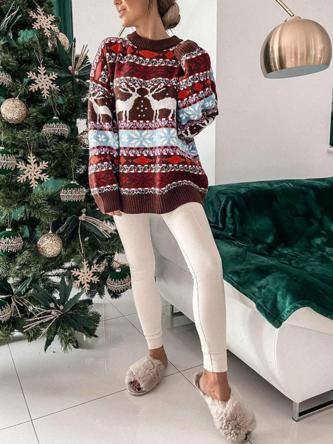 Geometric Round Neck Dropped Shoulder Sweater 
