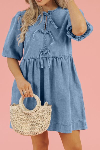 Bowknot Round Neck Half Sleeve Denim Dress Dresses