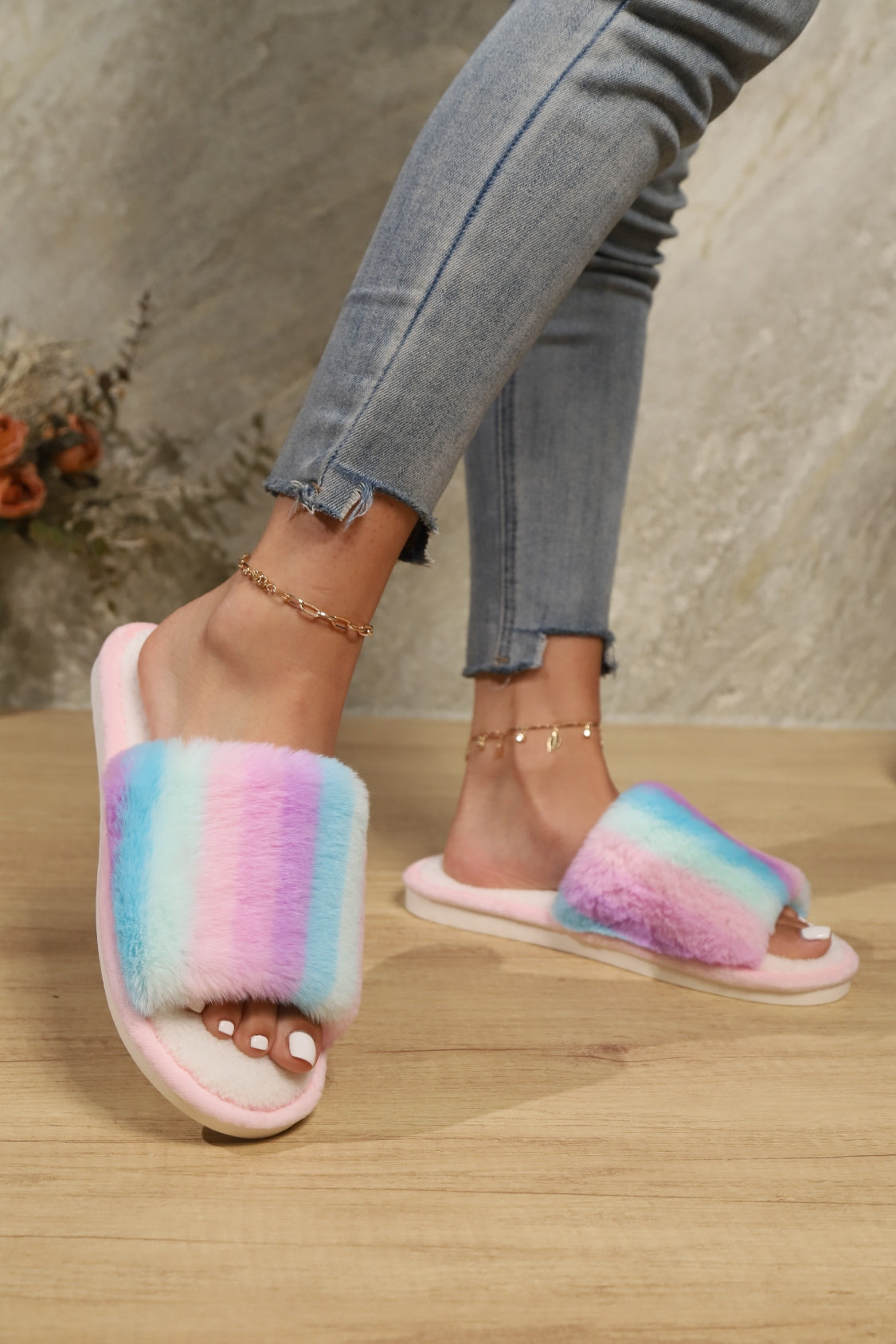 Color Block Open Toe Faux Fur PVC Slippers 