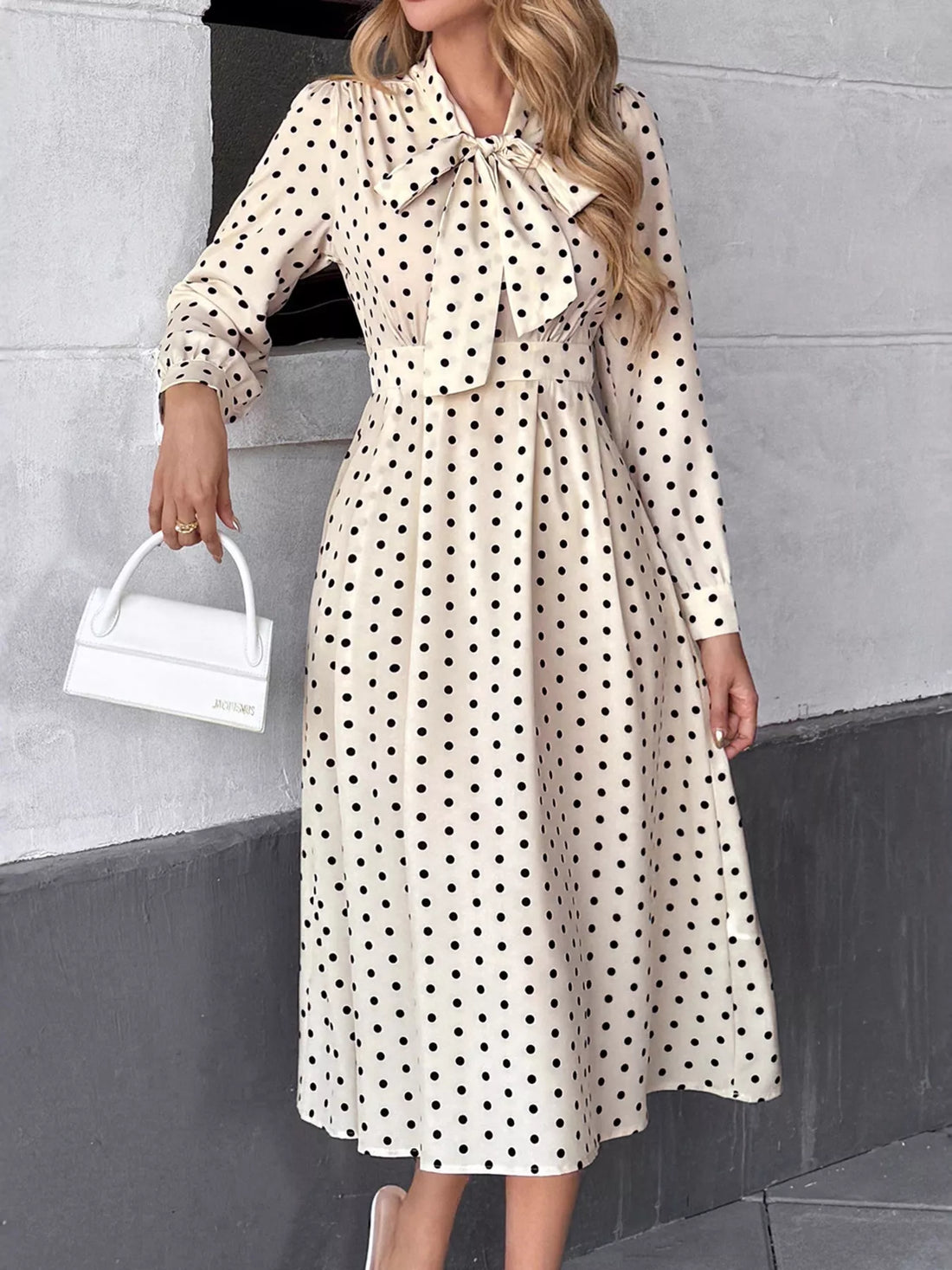 Polka Dot Tie Front Long Sleeve Midi Dress 
