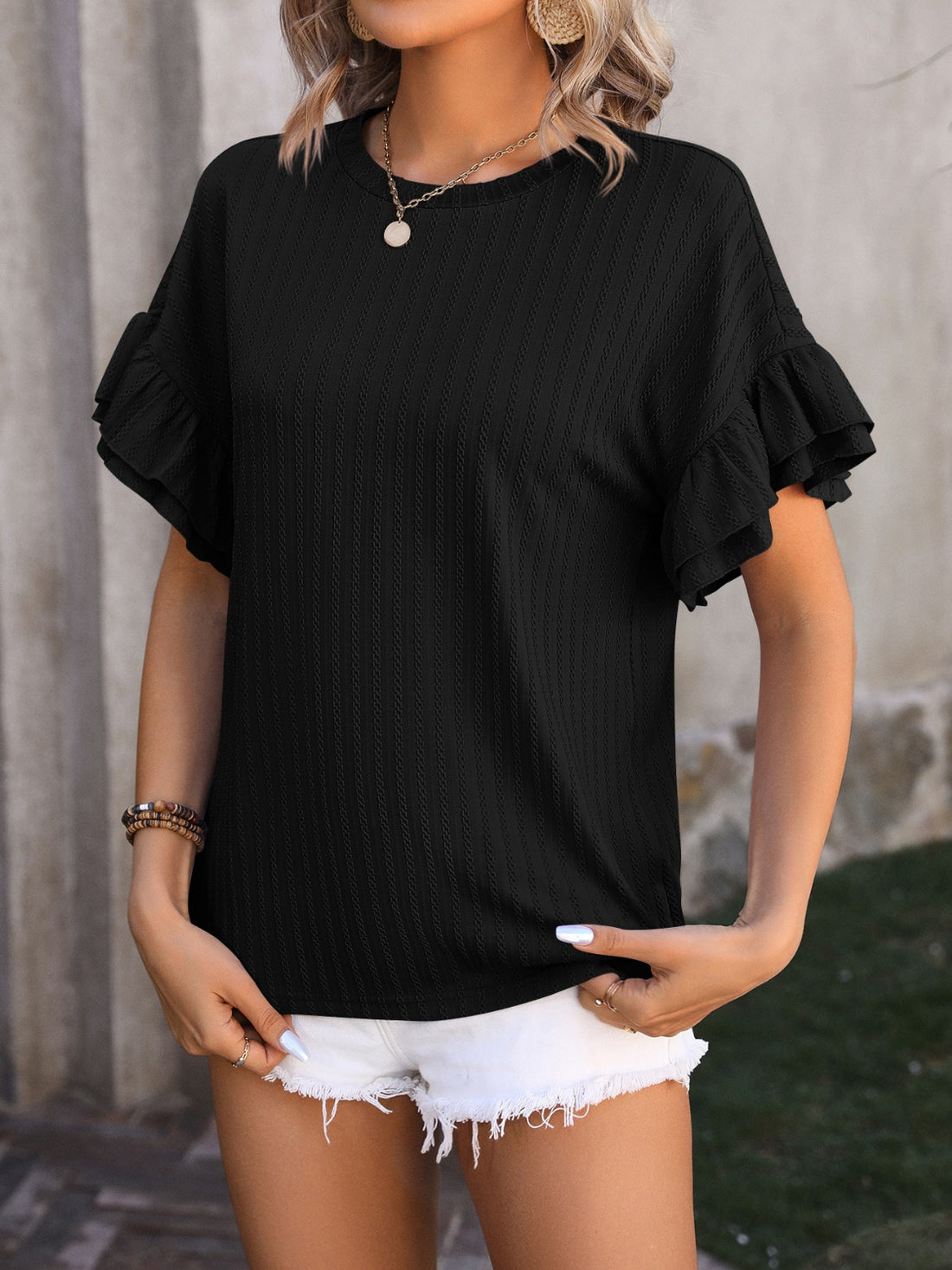 Mandy Ruffled Round Neck Short Sleeve Blouse 