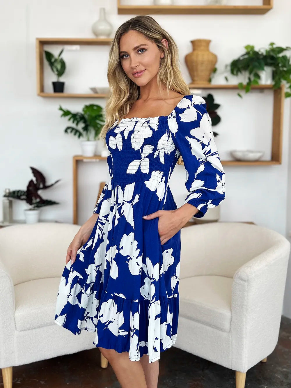 Double Take Full Size Floral Ruffle Hem Smocked Dress with Pockets 