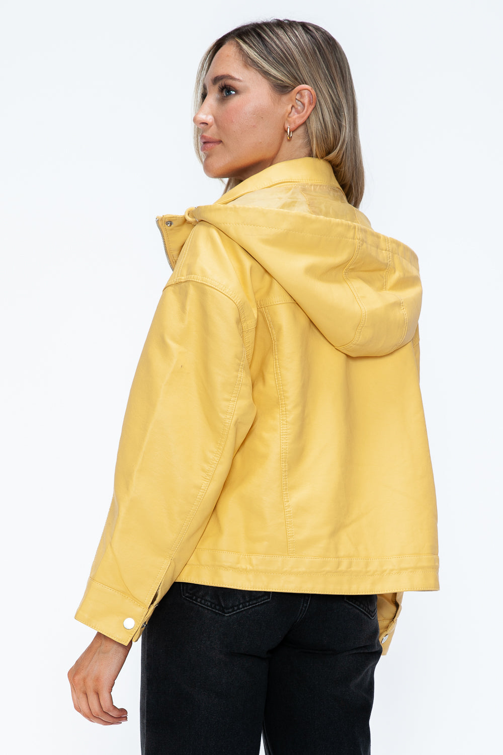 How Dare U Drawstring Hem PU Leather Zip Up Jacket 
