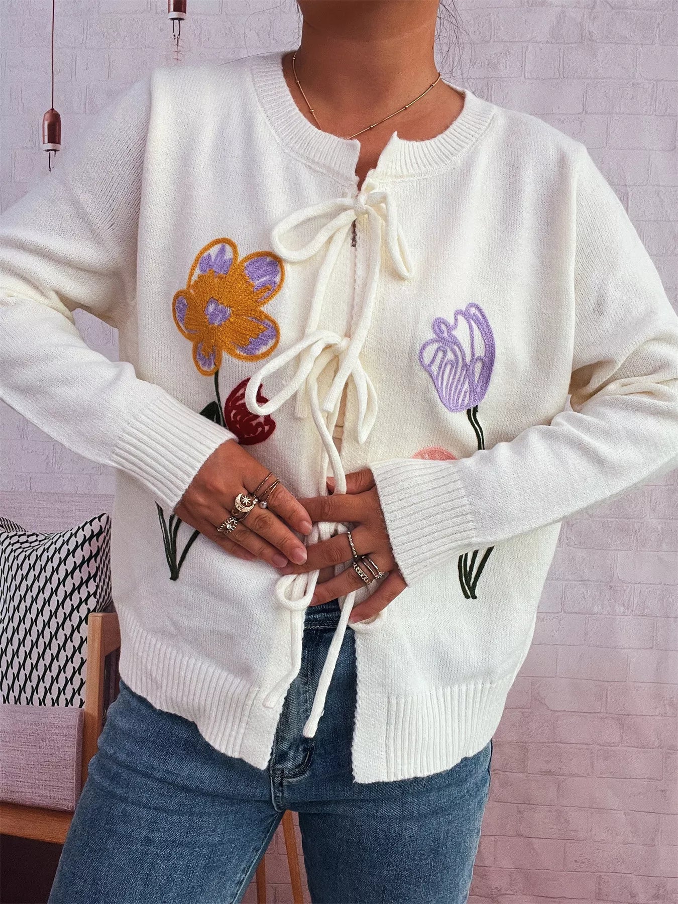 Floral Ribbed Hem Tie Front Cardigan 