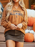 Happy Halloween Graphic Notched Long Sleeve Loose Top 