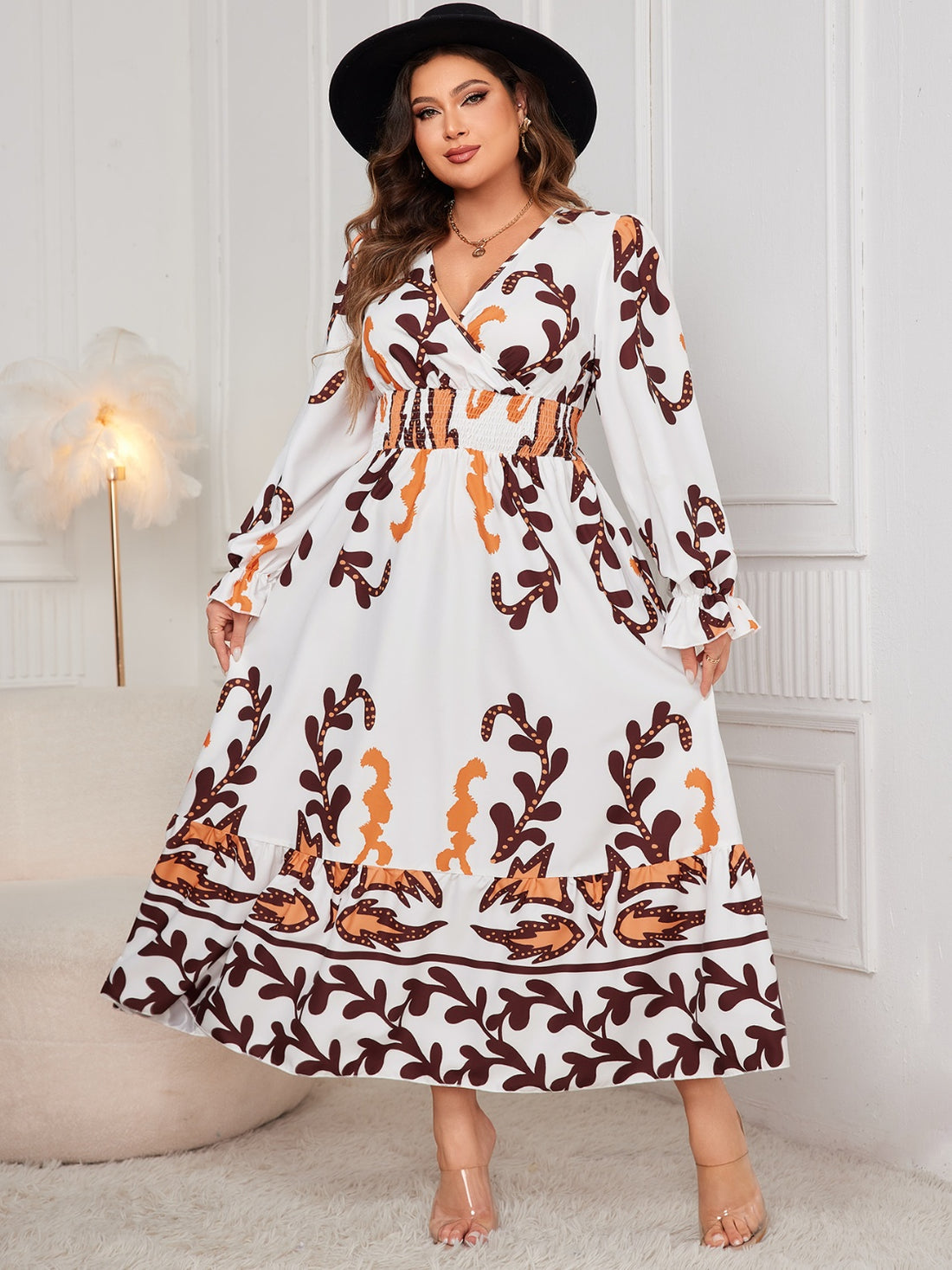 Honey Plus Size Printed Surplice Flounce Sleeve Dress 