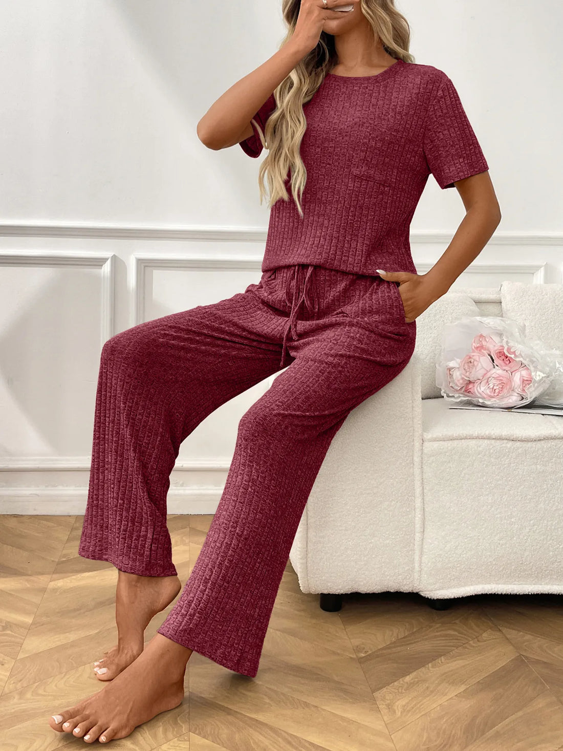Ribbed Knit Short Sleeve Top and Pants Lounge Set Lingerie & Nightwear
