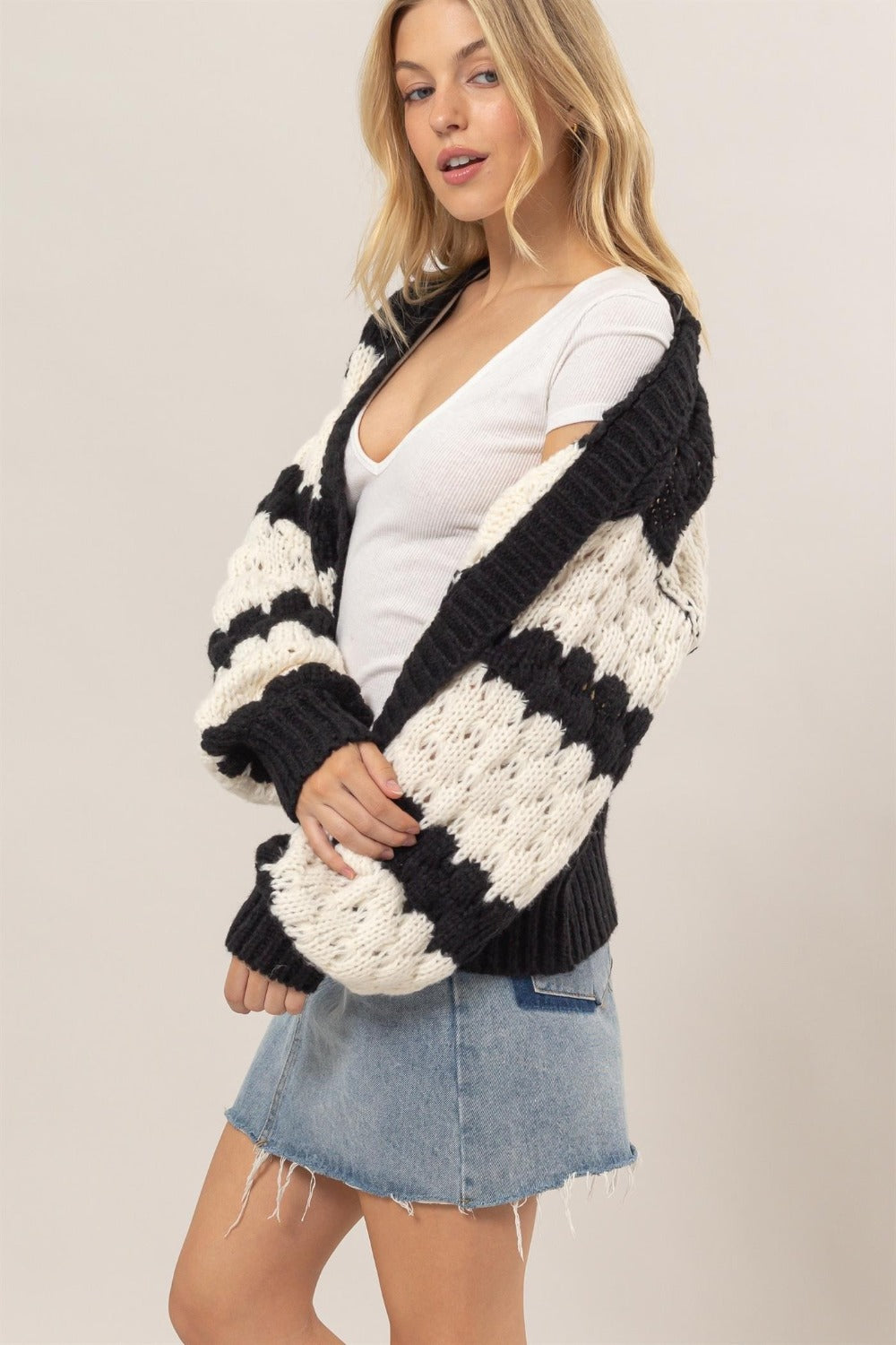 HYFVE Scallop Striped Open Front Long Sleeve Sweater Cardigan 