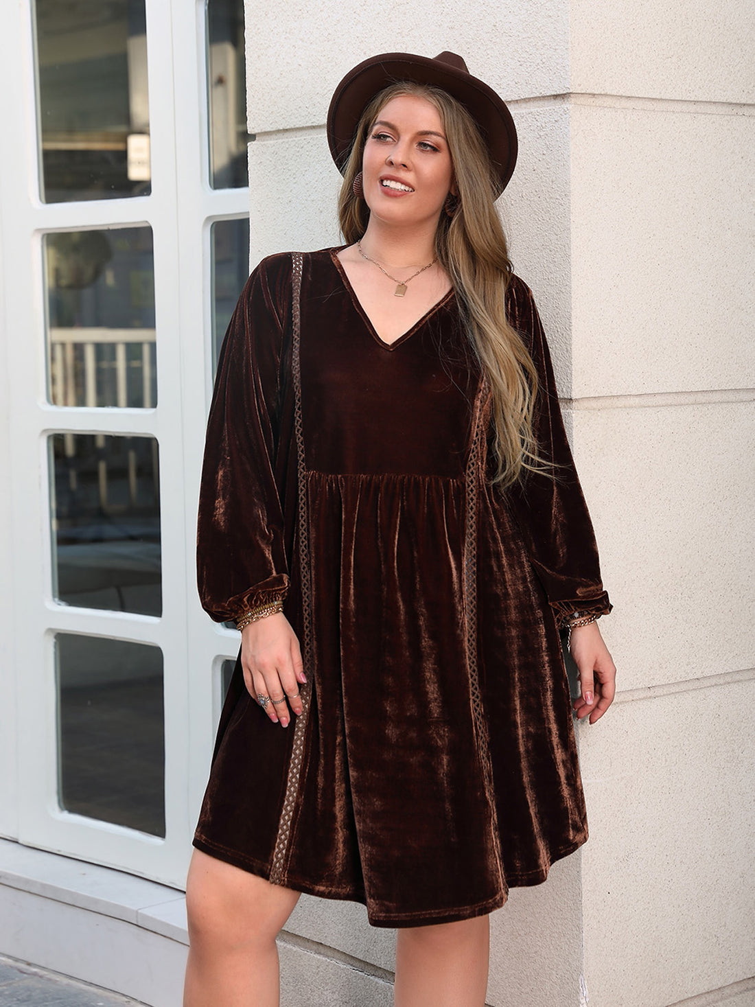 Plus Size V-Neck Balloon Sleeves Dress 