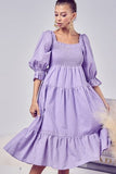 BiBi Swiss Dot Flounce Sleeve Smocked Tiered Midi Dress Dresses