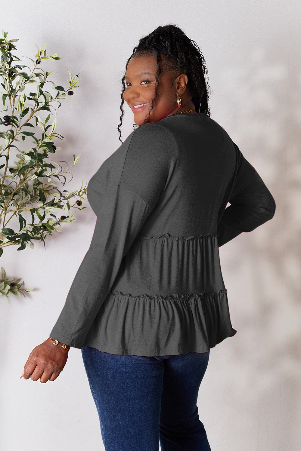 Double Take Half Button Long Sleeve Ruffle Hem Blouse 