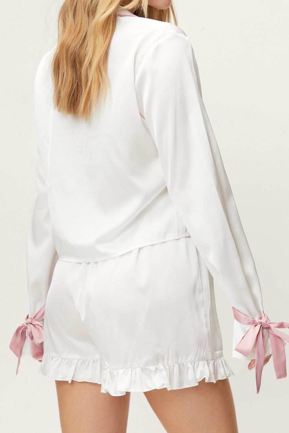 Basic Bae Tied Cuff Collared Neck Top and Frill Shorts Lounge Set 