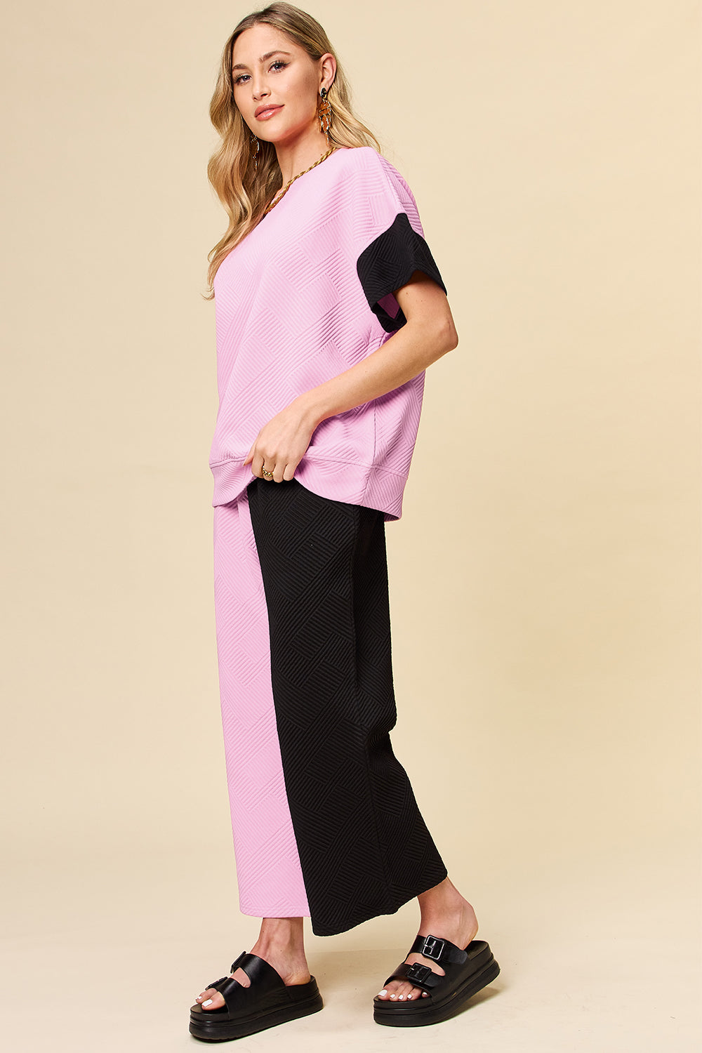 Double Take Full Size Texture Contrast T-Shirt and Wide Leg Pants Set 