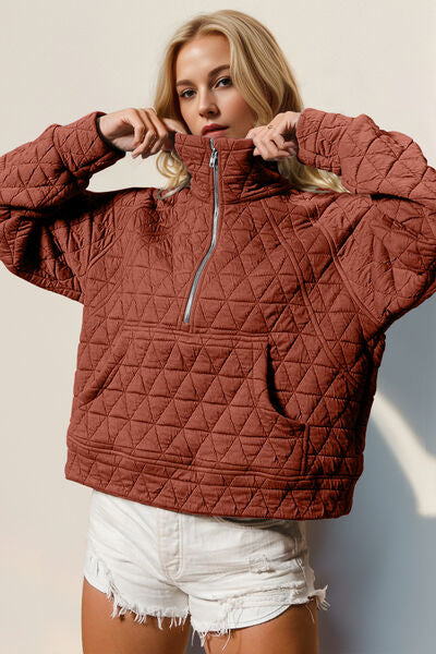 Double Take Half Zip Long Sleeve Quilted Sweatshirt with Pocket 
