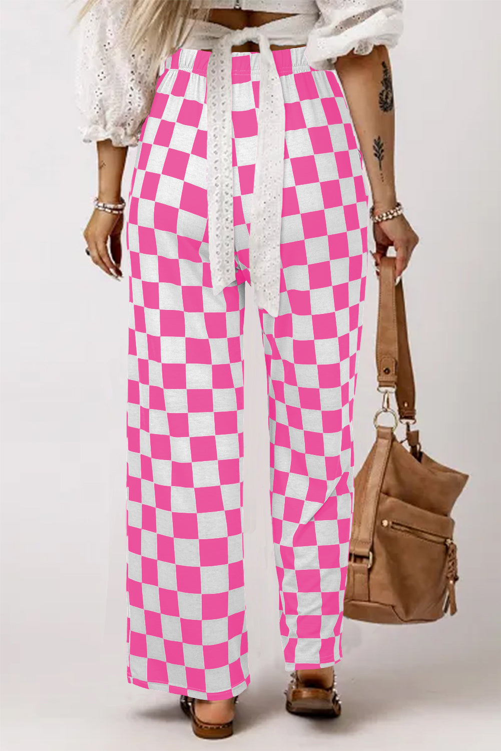 Black 2-Tone Checked Print High Waist Wide Leg Pants Bottoms/Pants & Culotte