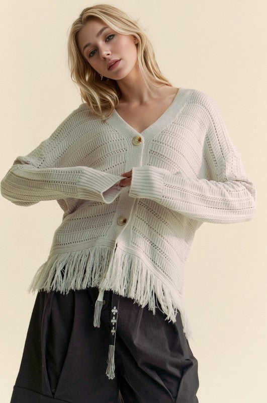 Davi & Dani Fringe V-Neck Button Up Long Sleeve Cardigan 