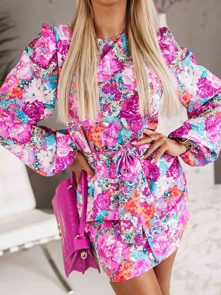 Floral Print Round Neck Long Sleeve Dress Dresses