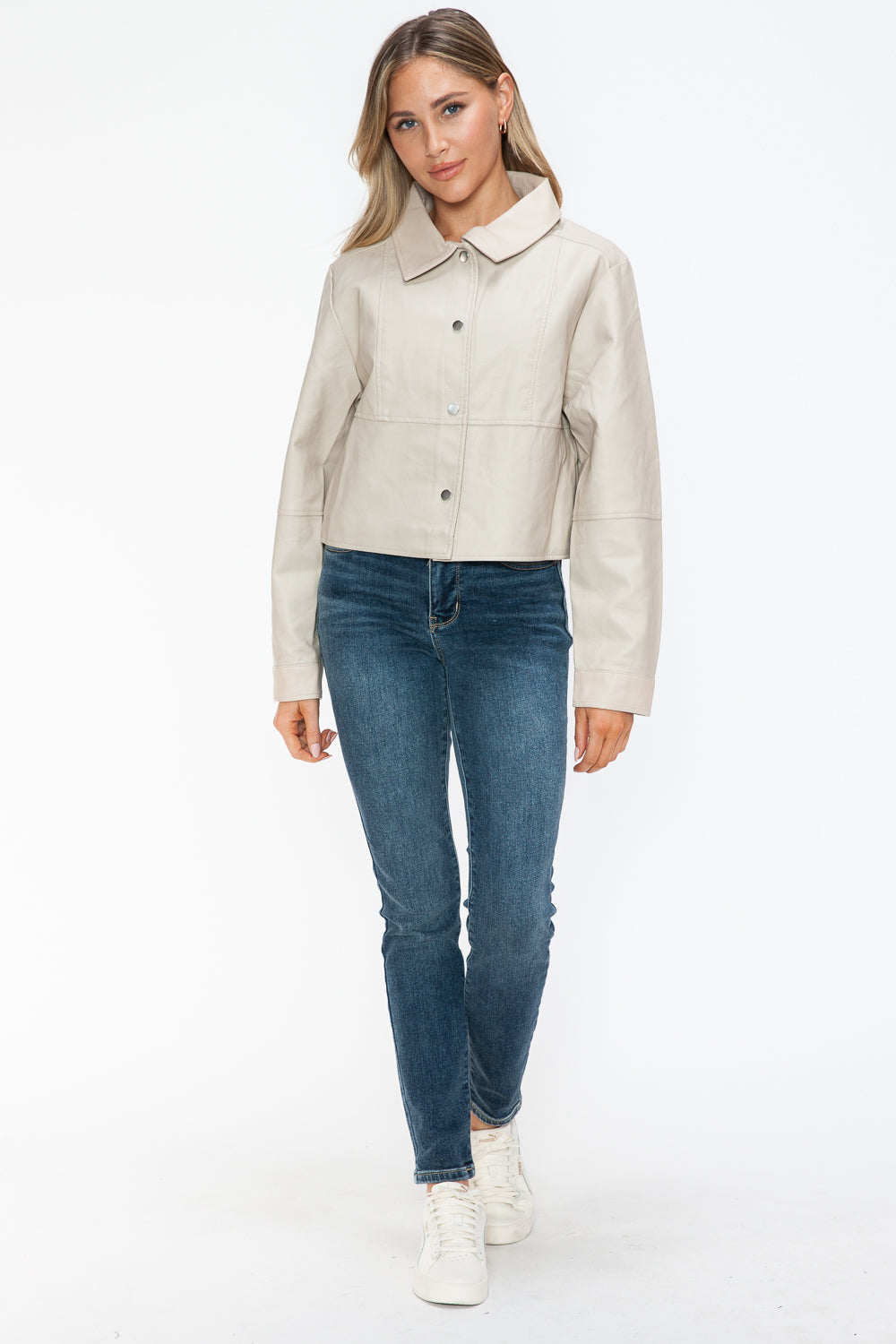 Snobbish Snap Down Long Sleeve PU Leather Jacket 