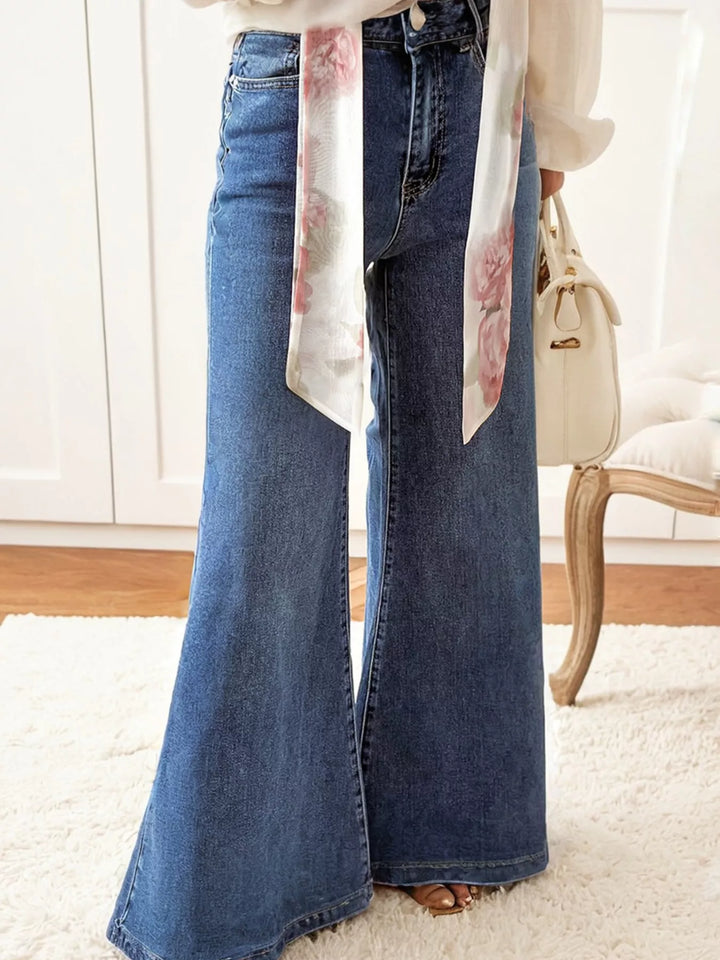 High Waist Button Zip Flare Leg Jeans 