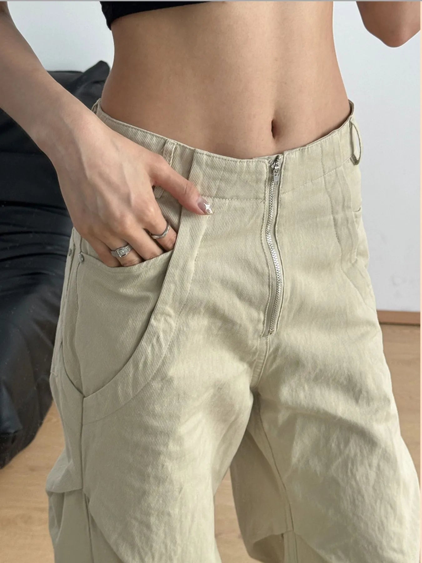 High-Waisted Zip Front Cargo Pants 