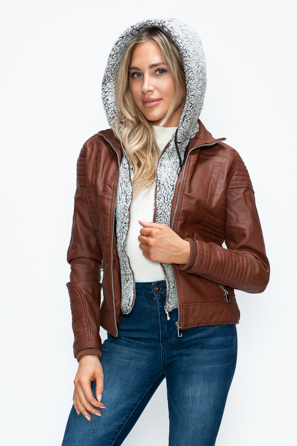 YMI Faux Layered Double-Zipper Jacket with Fuzzy Hood 