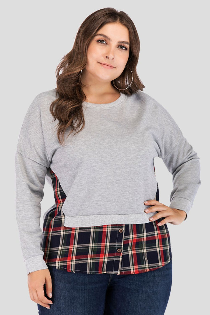 Full Size Plaid Patch Drop Shoulder Round Neck Top 