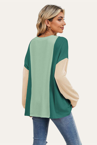Double Take Texture Contrast Round Neck Long Sleeve T-Shirt 