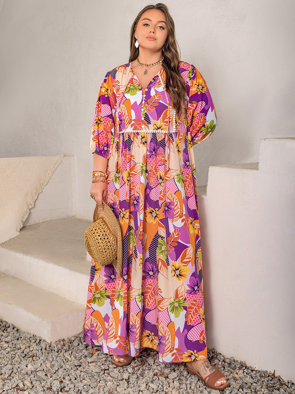 Plus Size Printed Tie Neck Maxi Dress 