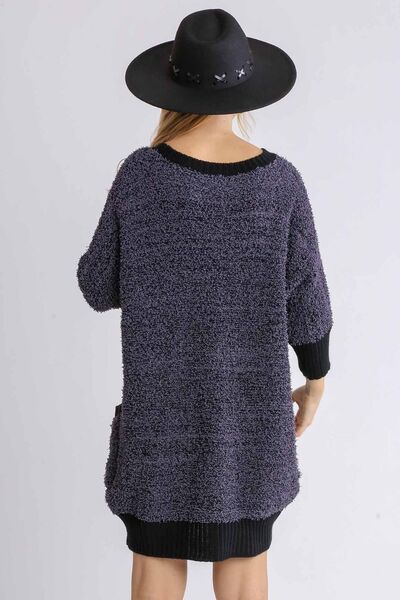 Umgee Full Size Ribbed Hem Round Neck 3/4 Sleeve Sweater Dress with Pockets Plus Size Dresses