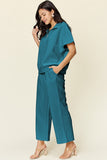 Double Take Full Size Texture Half Zip Short Sleeve Top and Pants Set 