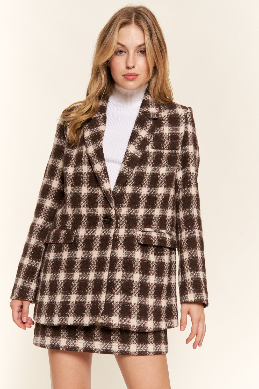 And The Why Full Size Plaid Brushed One Button Blazer 