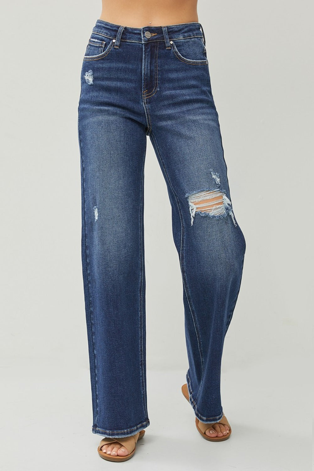 RISEN Full Size High Rise Distressed Wide Leg Jeans 