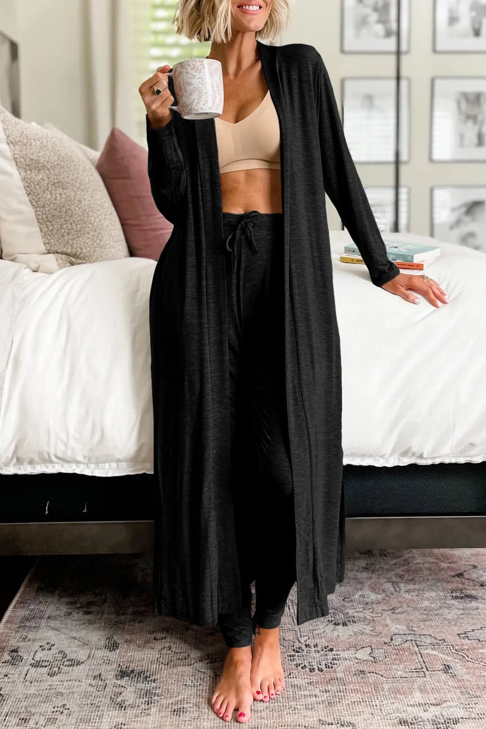 Open Front Long Sleeve Cardigan and Pants Lounge Set Lingerie & Nightwear